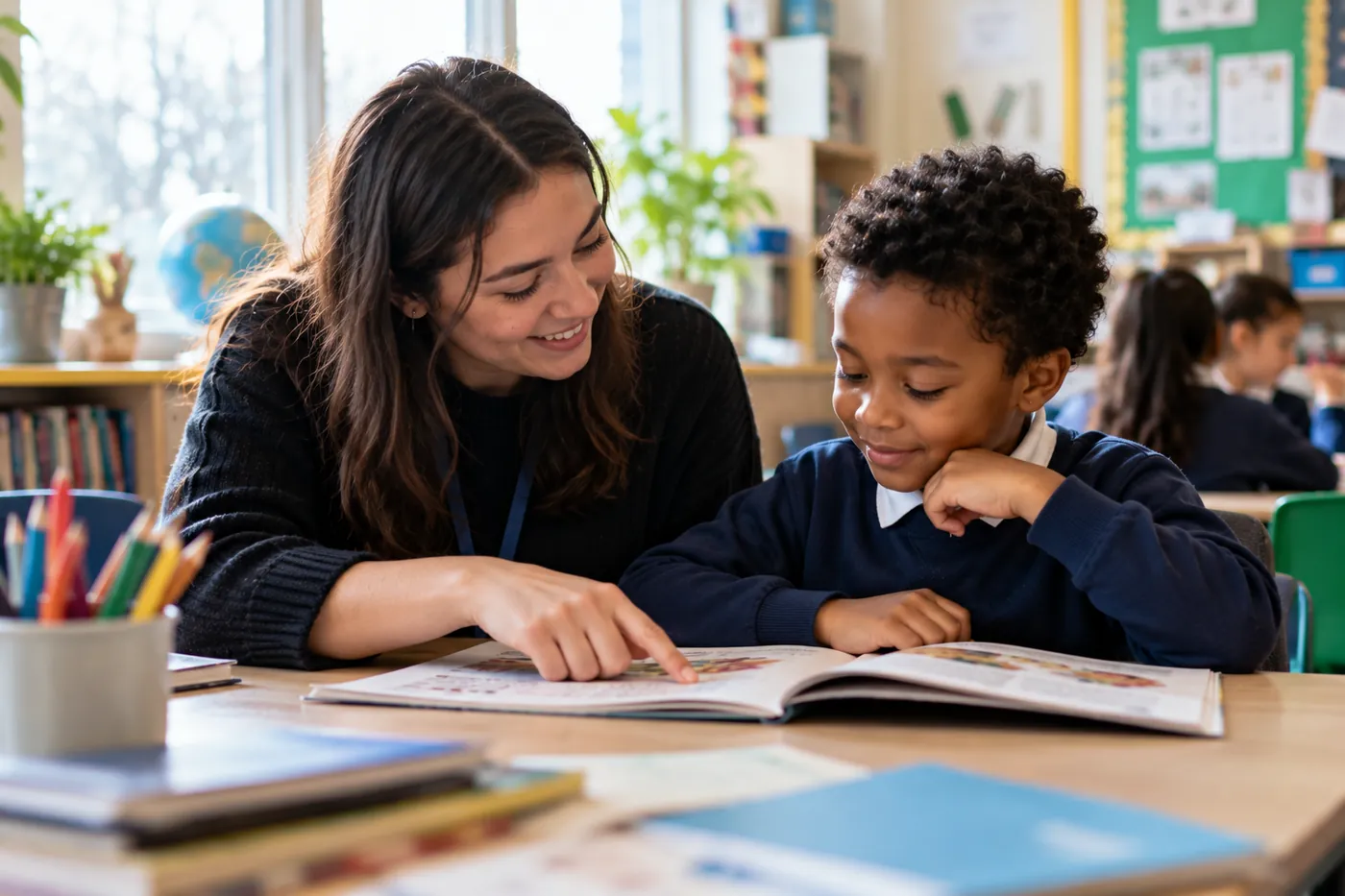 An educator supporting children in a learning setting.