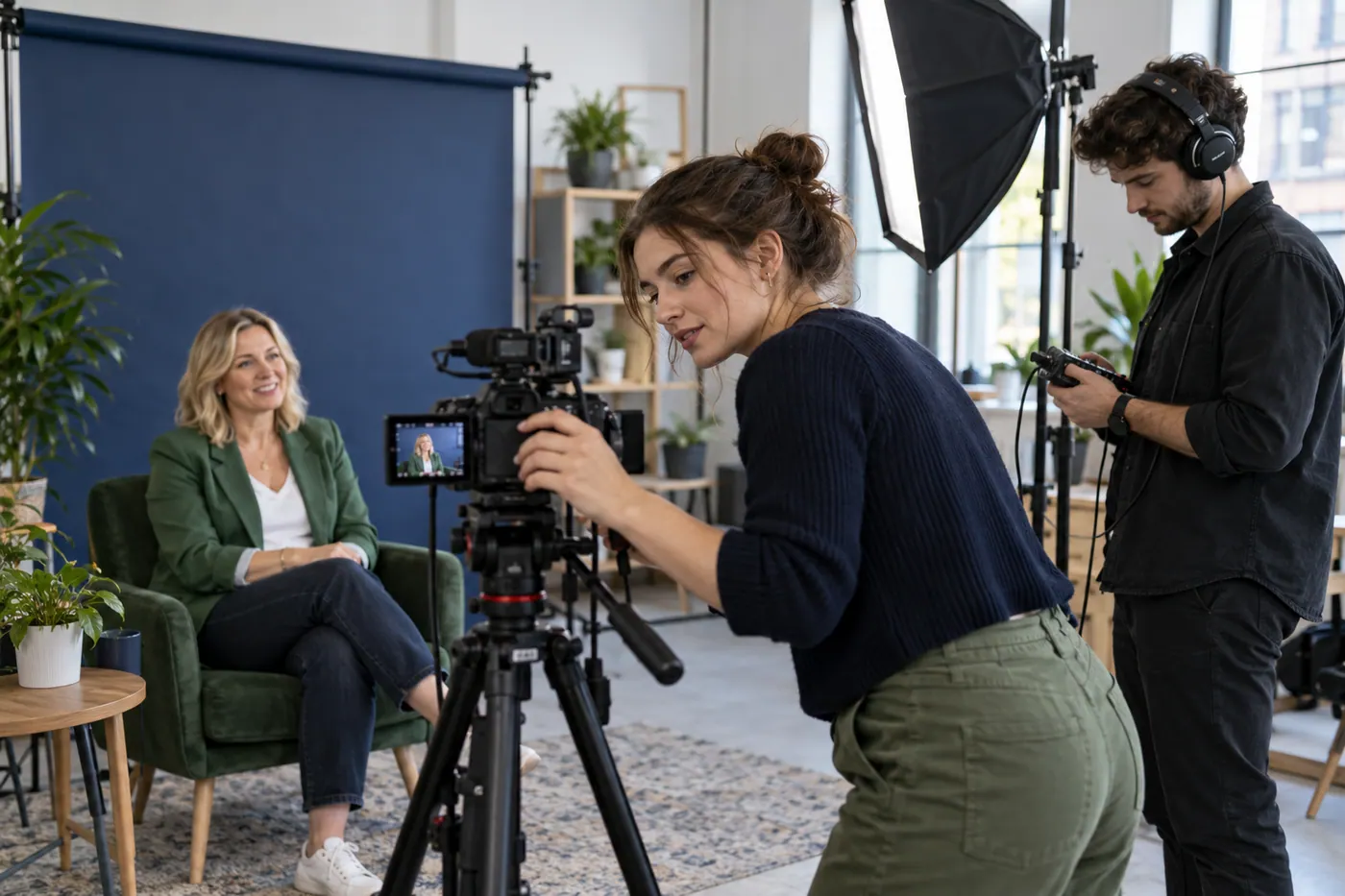 A content creator preparing a camera for an interview with a small-business owner.