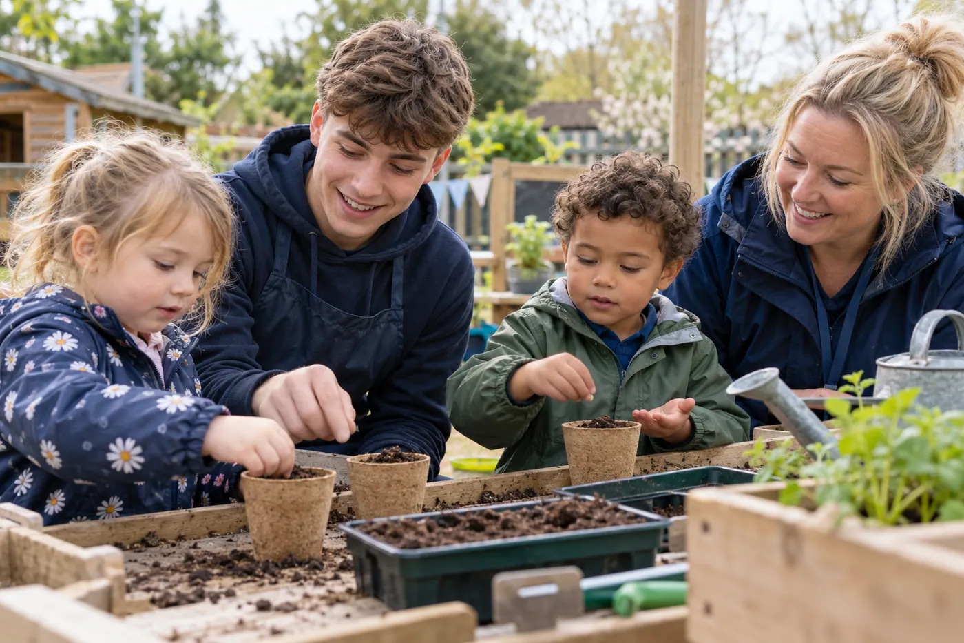 A supervised nursery apprentice helping children plant seeds outdoors.