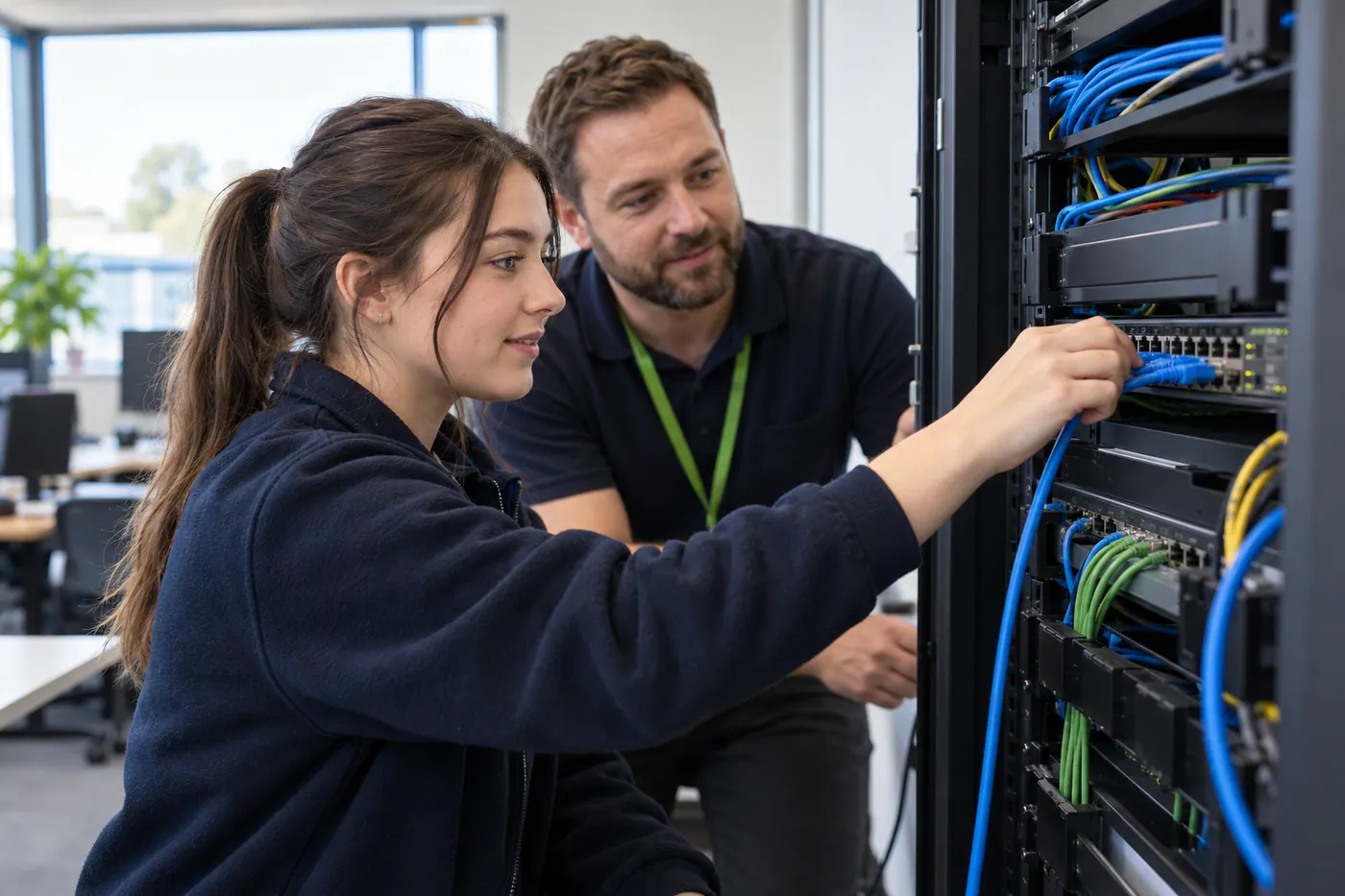 An IT apprentice and mentor connecting equipment in a tidy network rack.