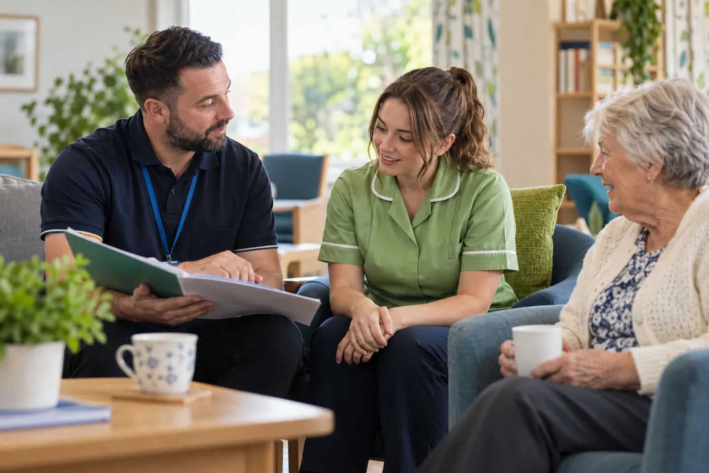 A care practitioner explaining a support plan to an apprentice in a community-care lounge.