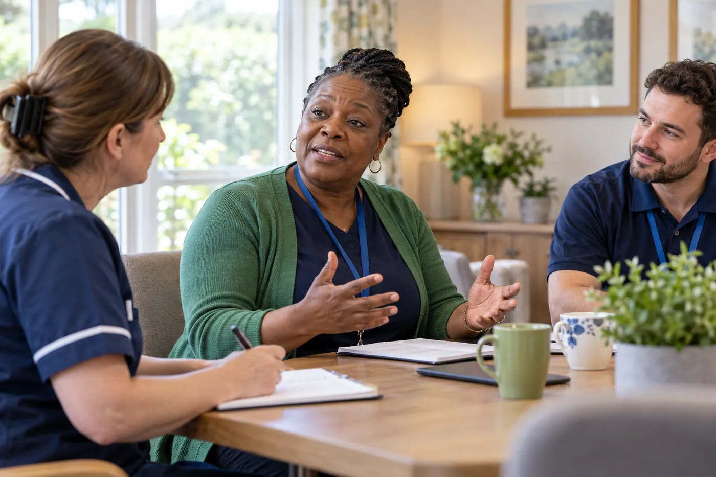 A care-service manager leading a staff briefing in a residential-care setting.