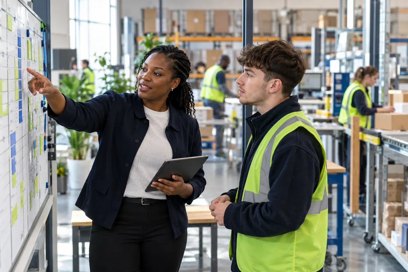An operations manager and apprentice reviewing a planning board in a distribution workplace.