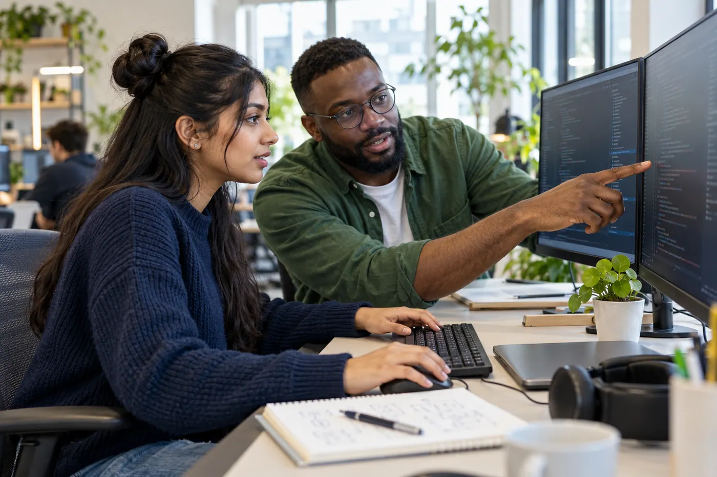 A software apprentice and senior developer working together at two monitors.